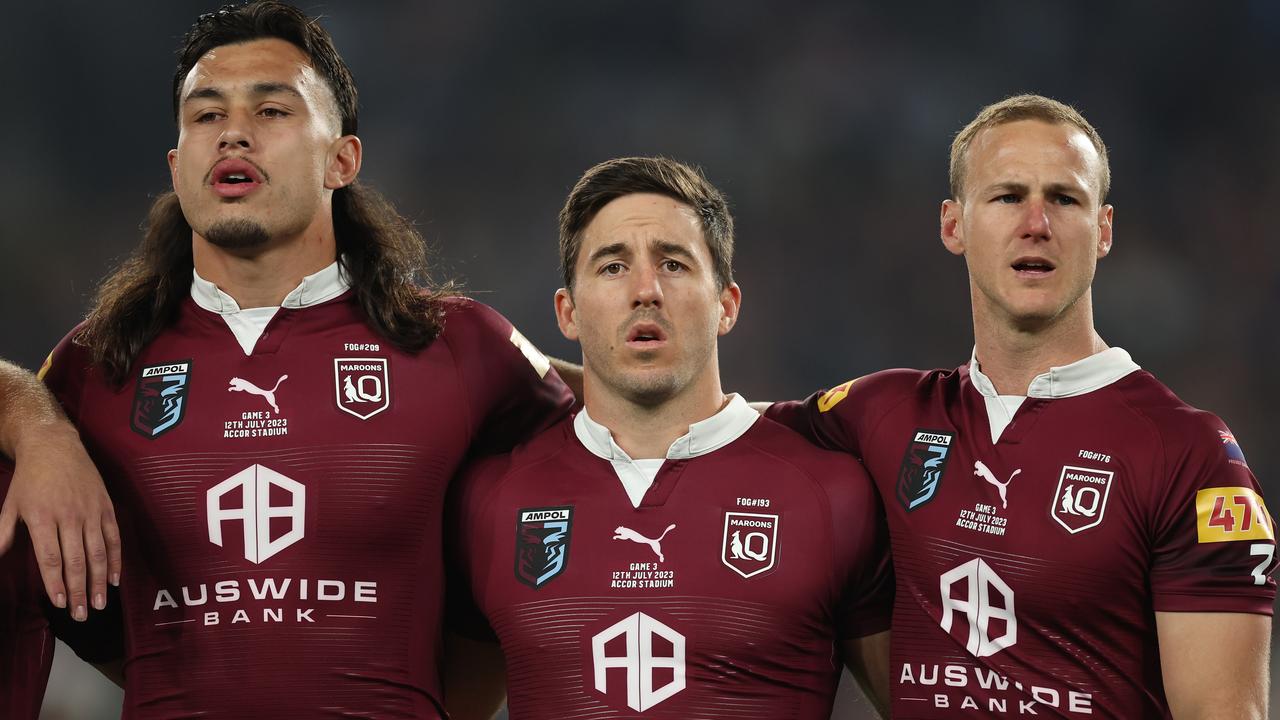 Tino Fa'asuamaleaui, Ben Hunt and Daly Cherry-Evans of the Maroons.